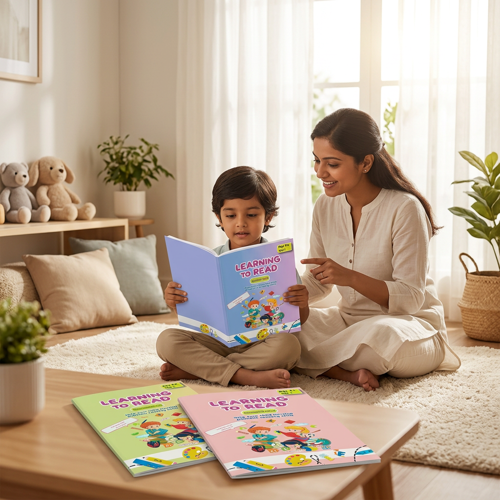 Child learning with a parent in a cosy reading nook