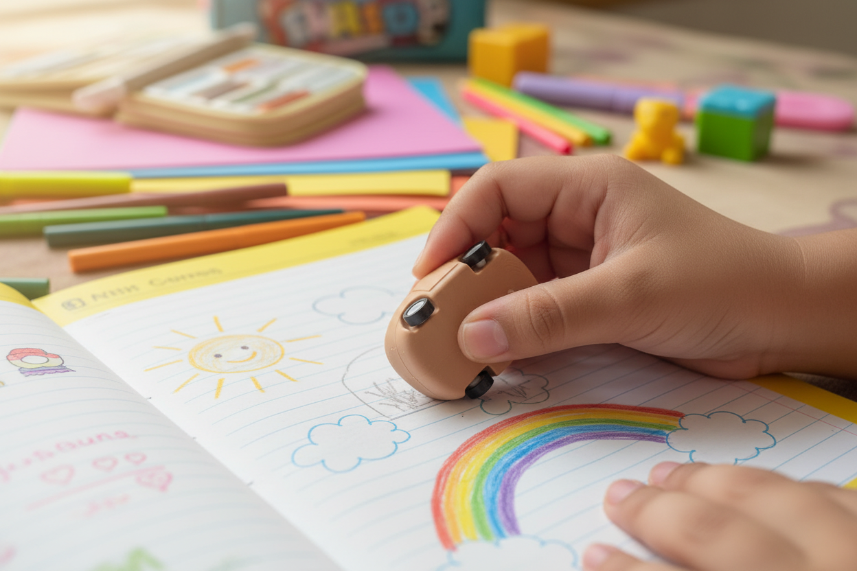 Child Using Car Eraser – Image 2