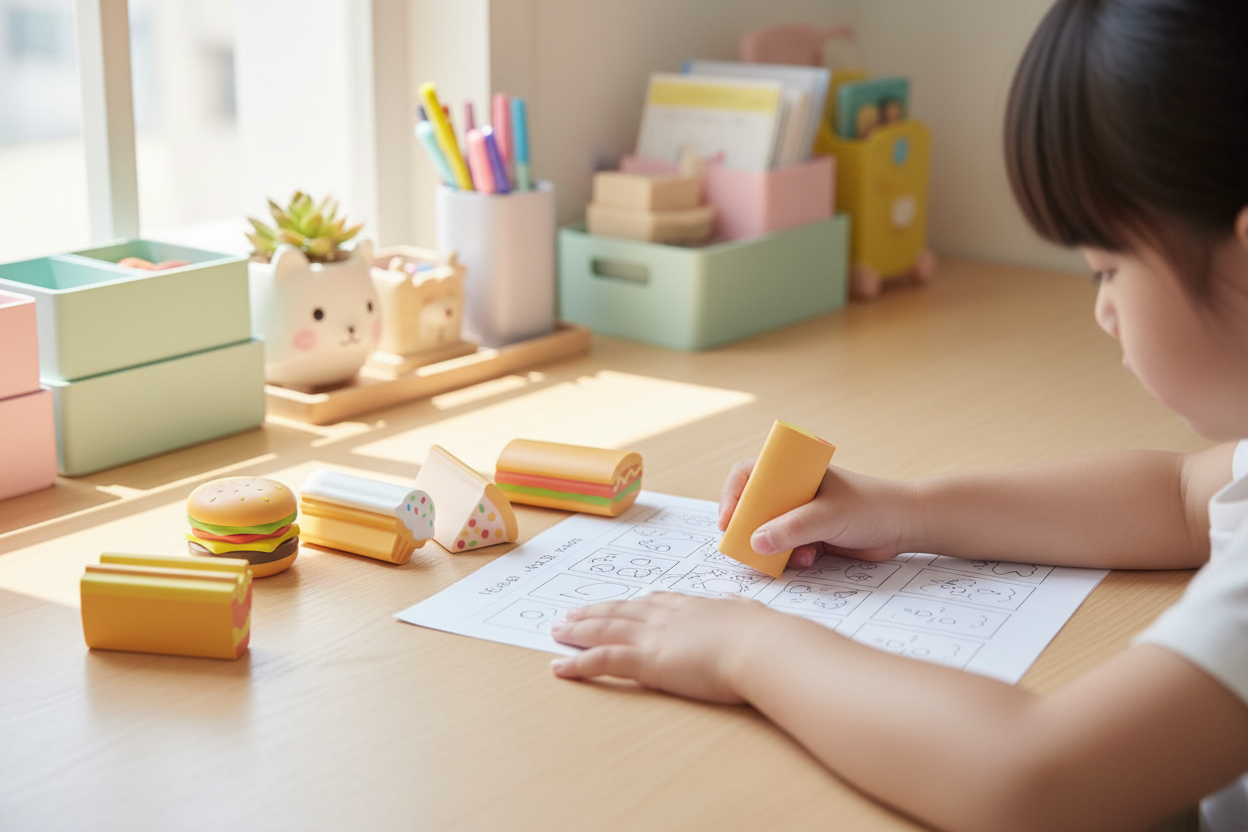 Fastfood Erasers – Kid Using at Desk