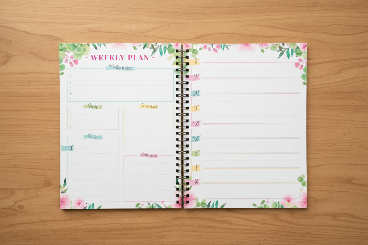 Floral Planner on Warm Wood