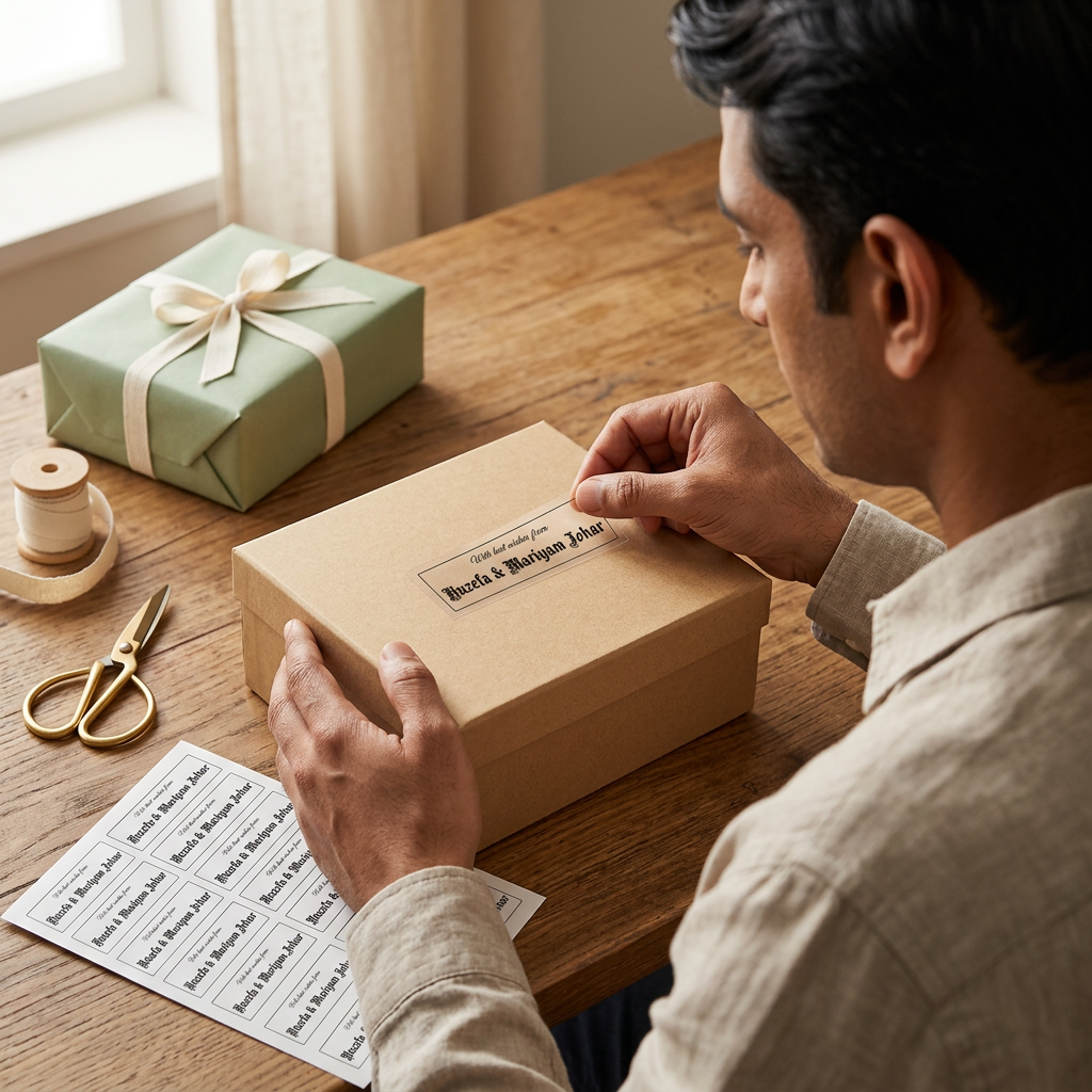 Over-the-shoulder view of applying a sticker to a gift box