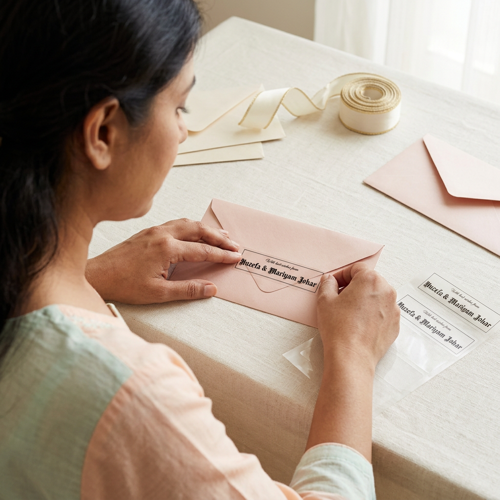 Over-the-shoulder view of applying a sticker to a shagun envelope