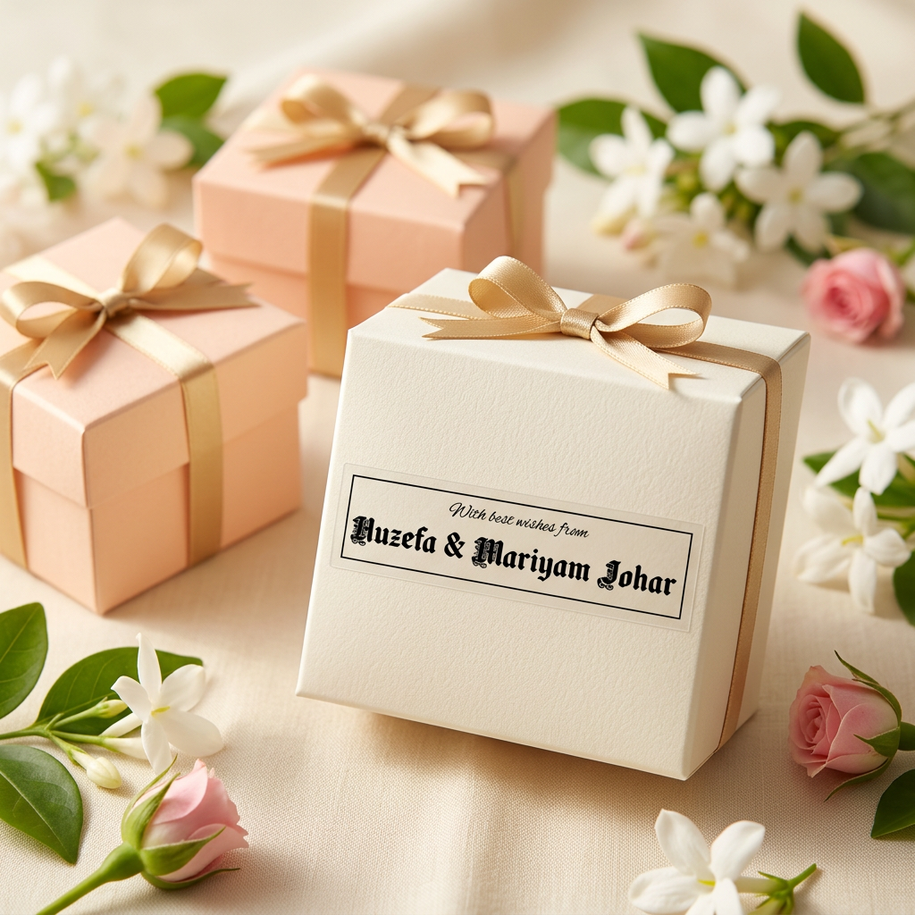 Transparent name stickers on wedding favor boxes