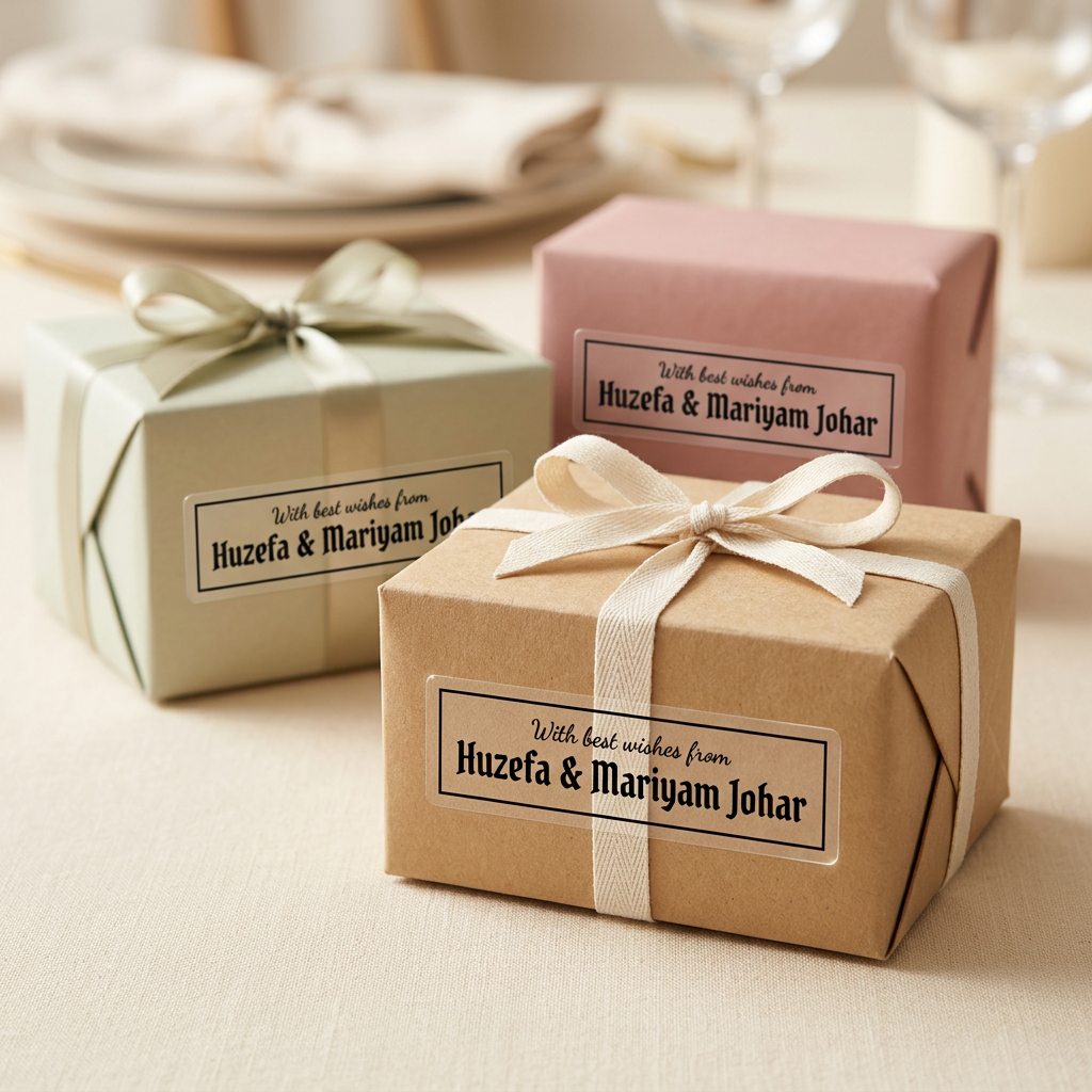 Transparent name stickers on wrapped gifts