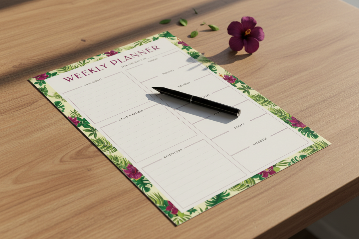 Tropical Planner on Warm Wood