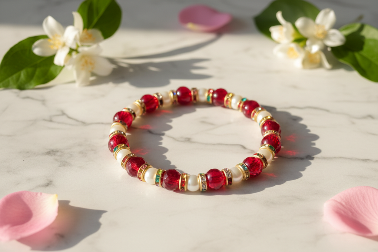 White and Red with Gold Spacers Beads Bracelet 2