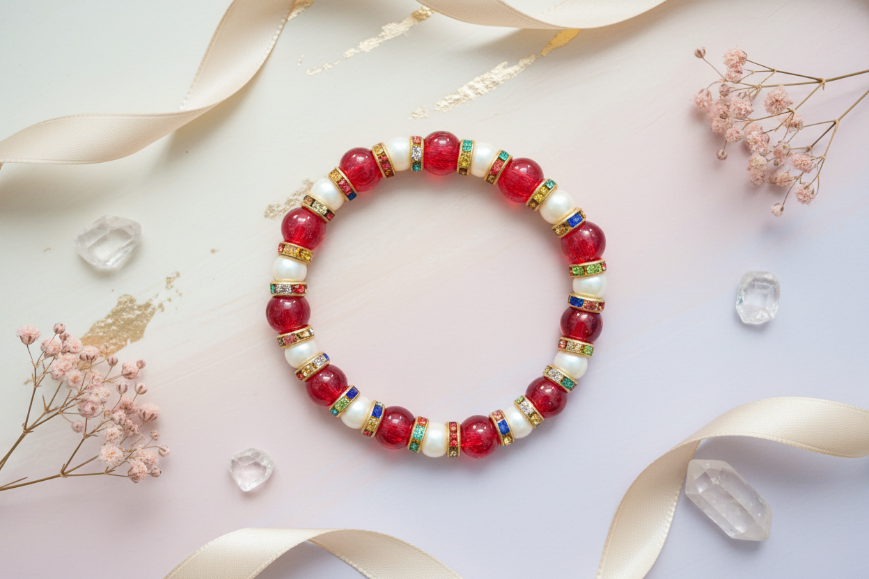 White and Red with Gold Spacers Beads Bracelet 3