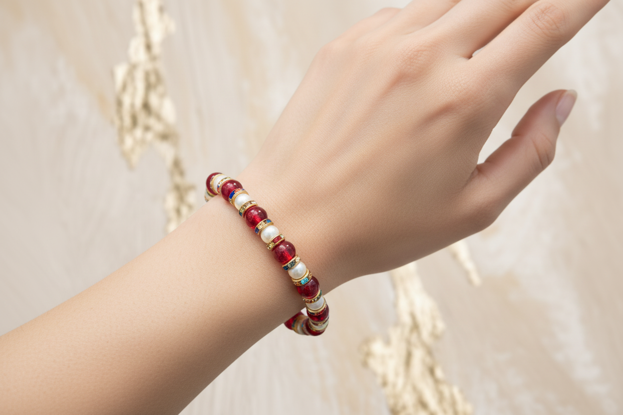 White and Red with Gold Spacers Beads Bracelet 4