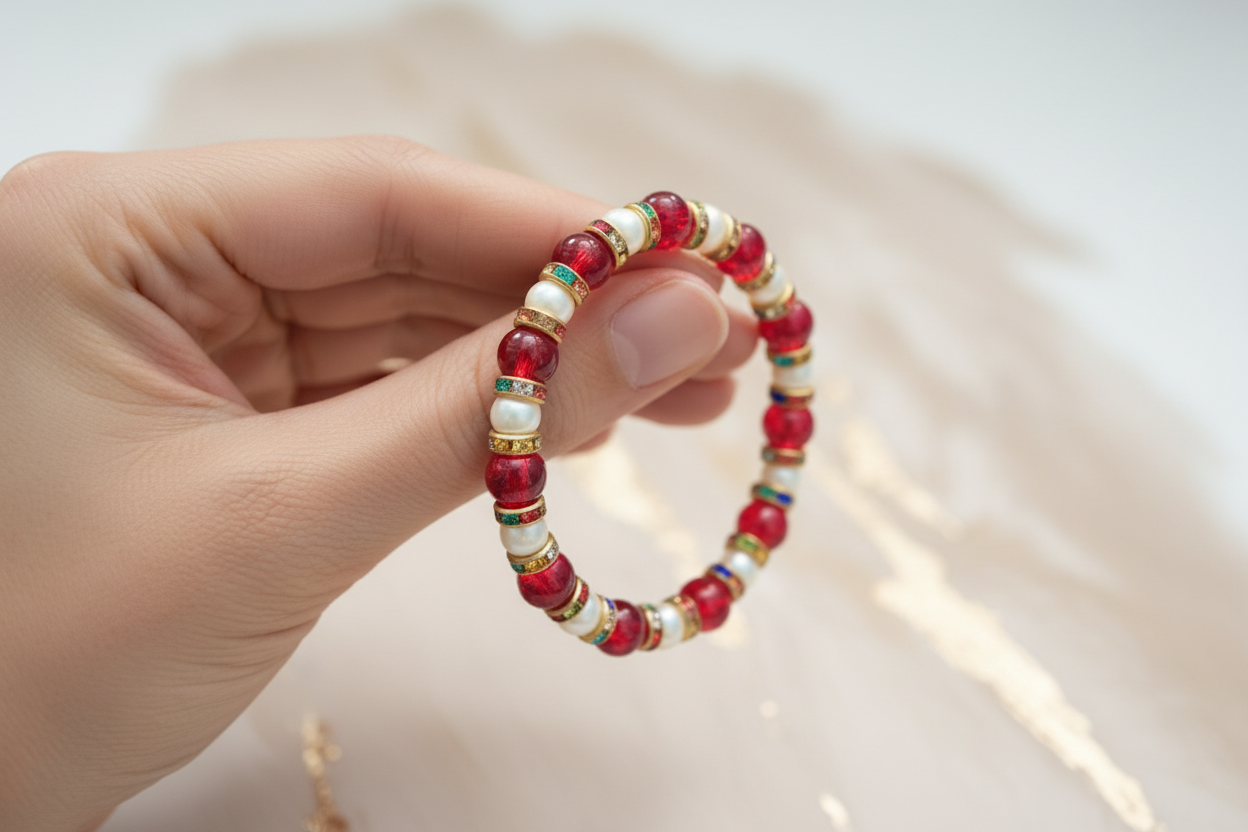 White and Red with Gold Spacers Beads Bracelet 5